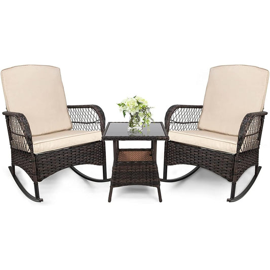LAFWELL 3 pcs Rocking Bistro Set Conversation Chairs PE Wicker Outdoor Rocking Chairs(Rocking Set,Sand)