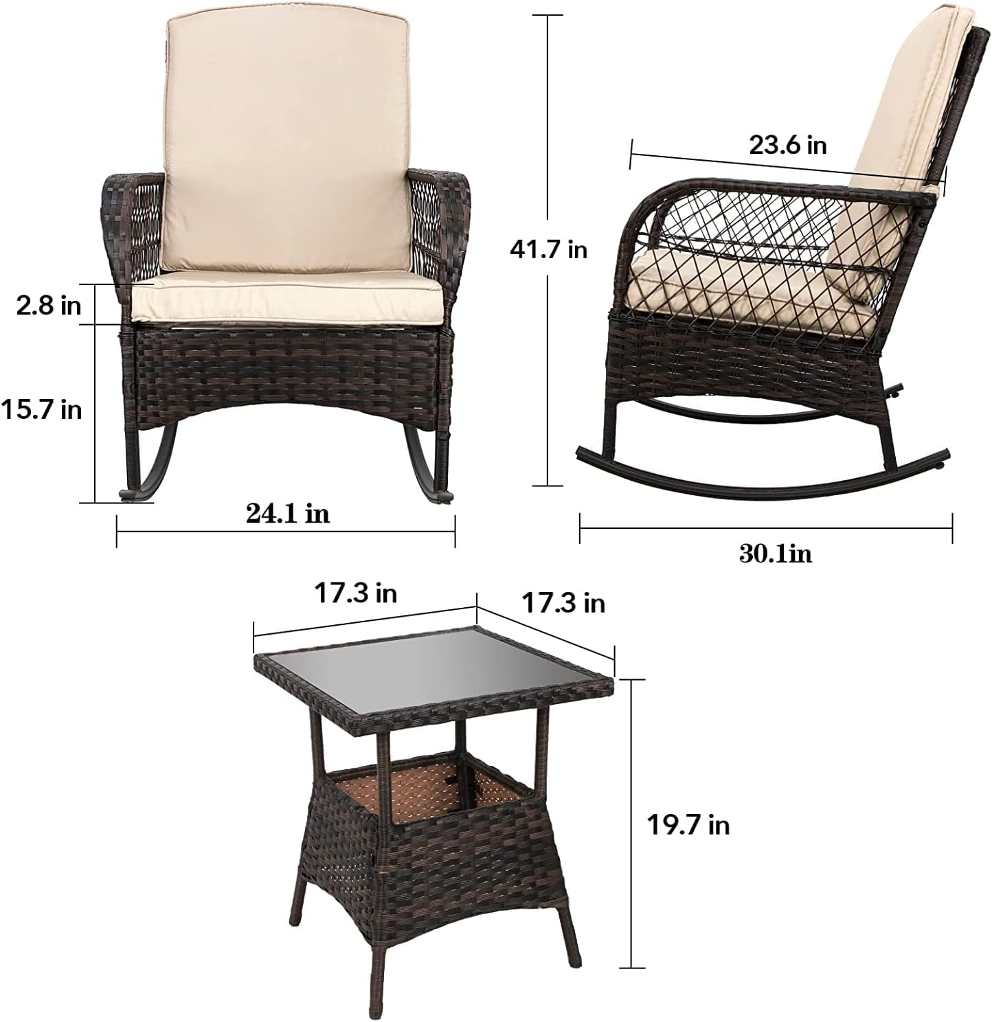 LAFWELL 3 pcs Rocking Bistro Set Conversation Chairs PE Wicker Outdoor Rocking Chairs(Rocking Set,Sand)
