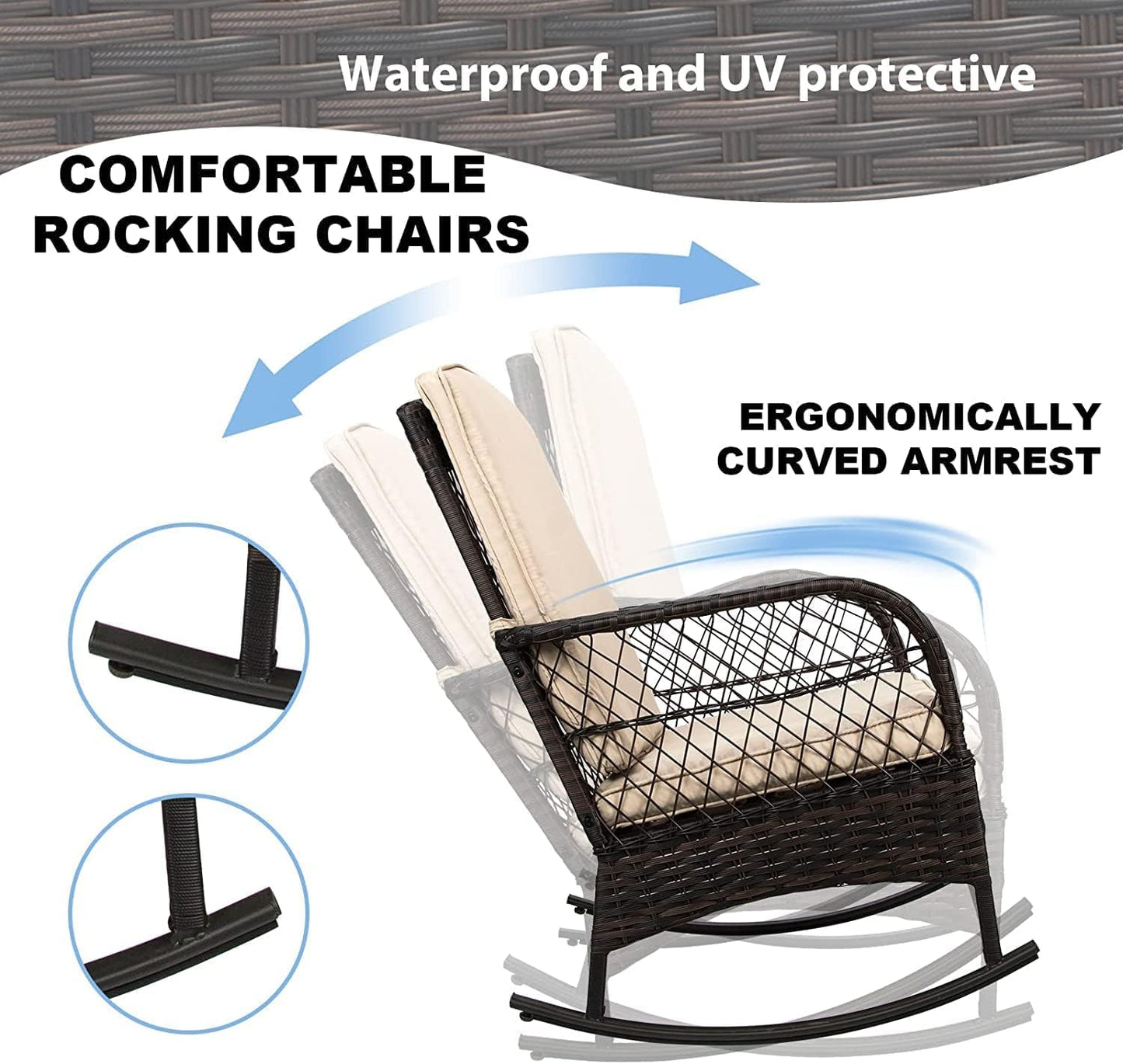 LAFWELL 3 pcs Rocking Bistro Set Conversation Chairs PE Wicker Outdoor Rocking Chairs(Rocking Set,Sand)