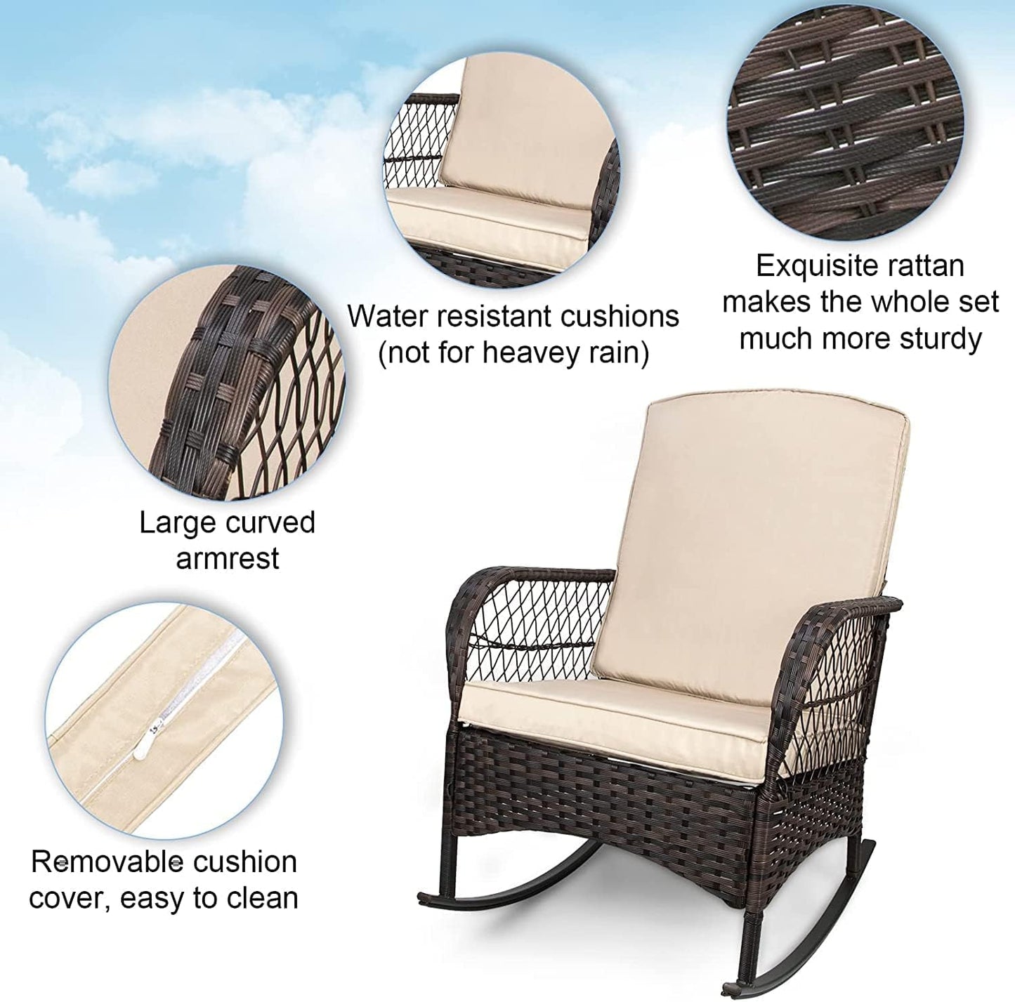 LAFWELL 3 pcs Rocking Bistro Set Conversation Chairs PE Wicker Outdoor Rocking Chairs(Rocking Set,Sand)