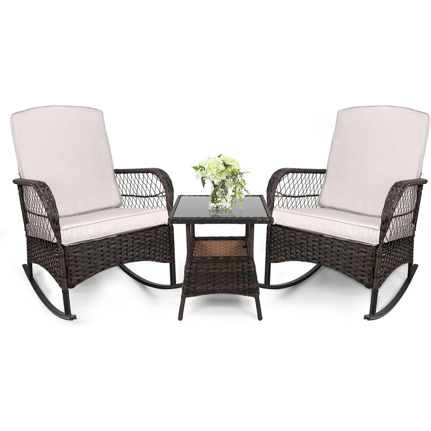 LAFWELL 3 pcs Rocking Bistro Set Conversation Chairs PE Wicker Outdoor Rocking Chairs(Rocking Set,Sand)