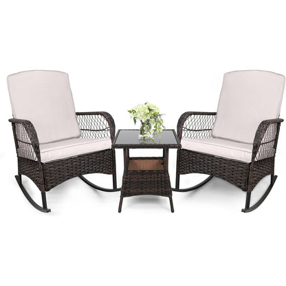 LAFWELL 3 pcs Rocking Bistro Set Conversation Chairs PE Wicker Outdoor Rocking Chairs(Rocking Set,Sand)