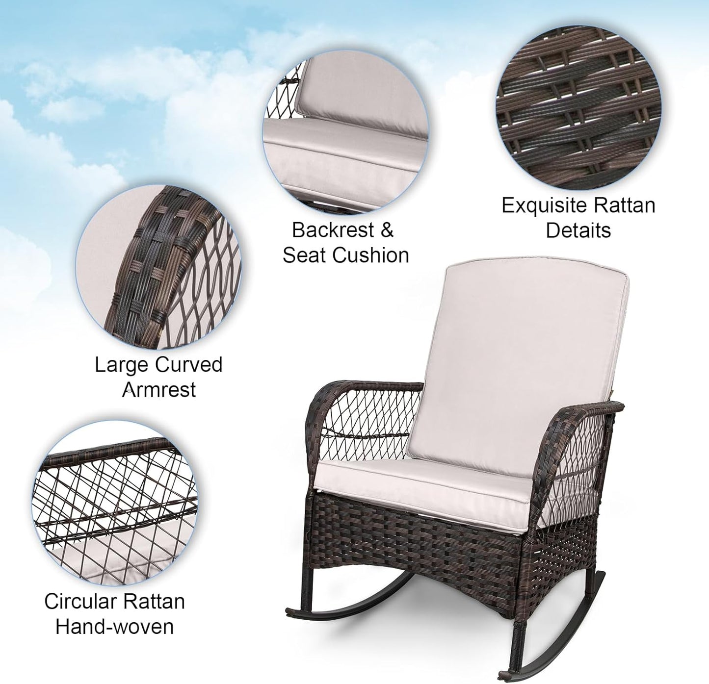 LAFWELL 3 pcs Rocking Bistro Set Conversation Chairs PE Wicker Outdoor Rocking Chairs(Rocking Set,Sand)