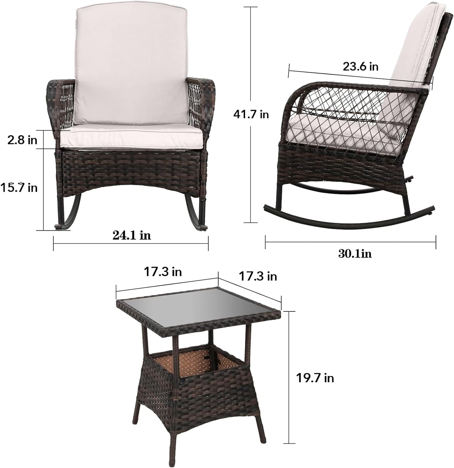 LAFWELL 3 pcs Rocking Bistro Set Conversation Chairs PE Wicker Outdoor Rocking Chairs(Rocking Set,Sand)