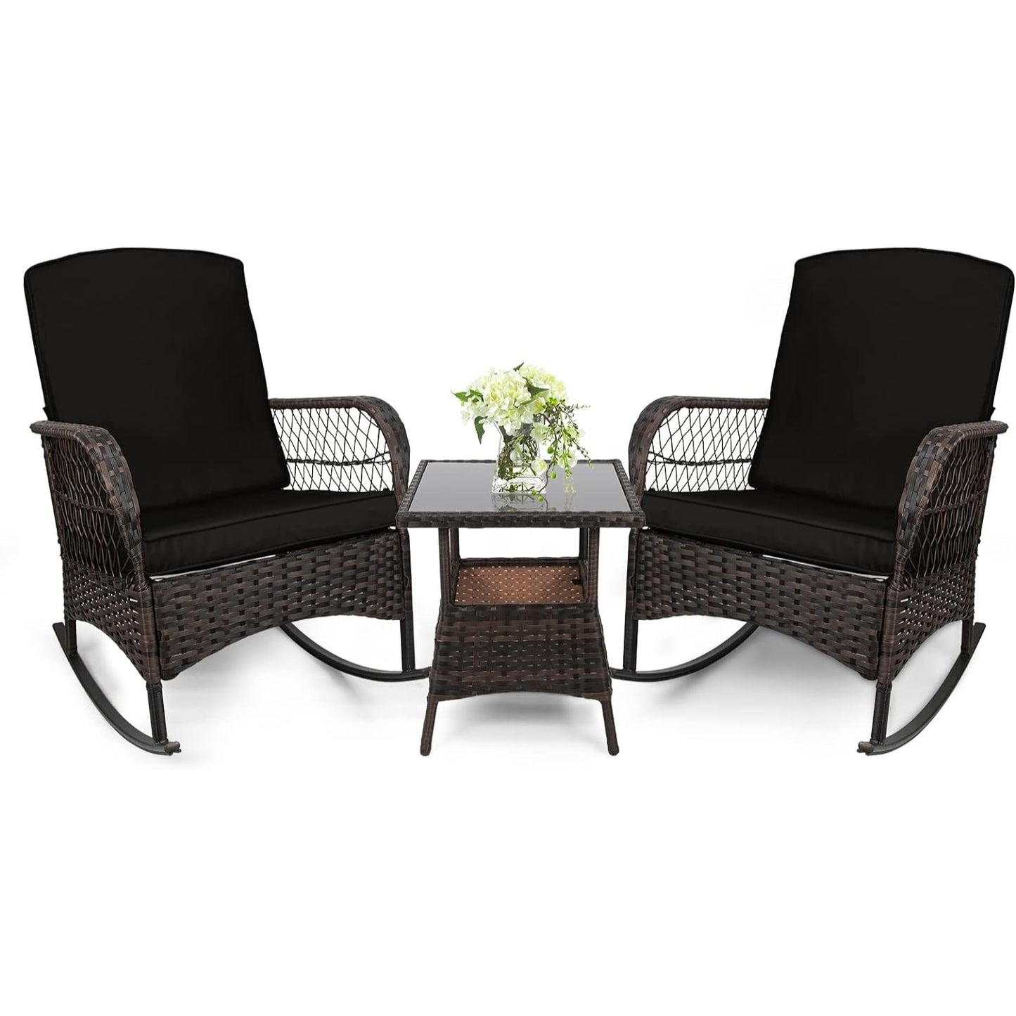 LAFWELL 3 pcs Rocking Bistro Set Conversation Chairs PE Wicker Outdoor Rocking Chairs(Rocking Set,Sand)