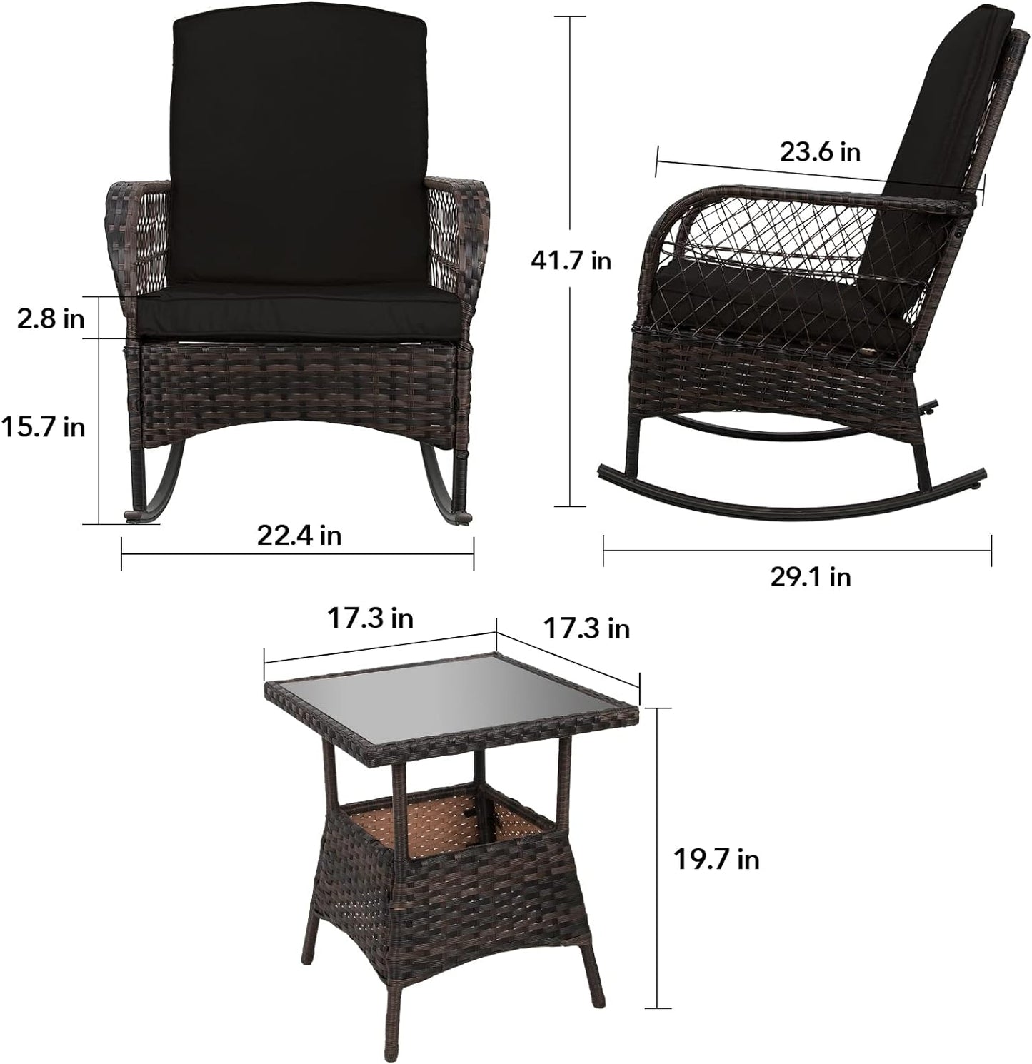 LAFWELL 3 pcs Rocking Bistro Set Conversation Chairs PE Wicker Outdoor Rocking Chairs(Rocking Set,Sand)