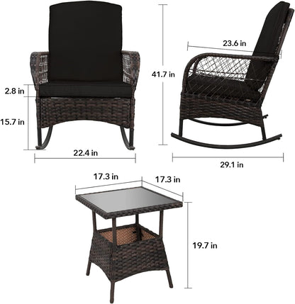 LAFWELL 3 pcs Rocking Bistro Set Conversation Chairs PE Wicker Outdoor Rocking Chairs(Rocking Set,Sand)