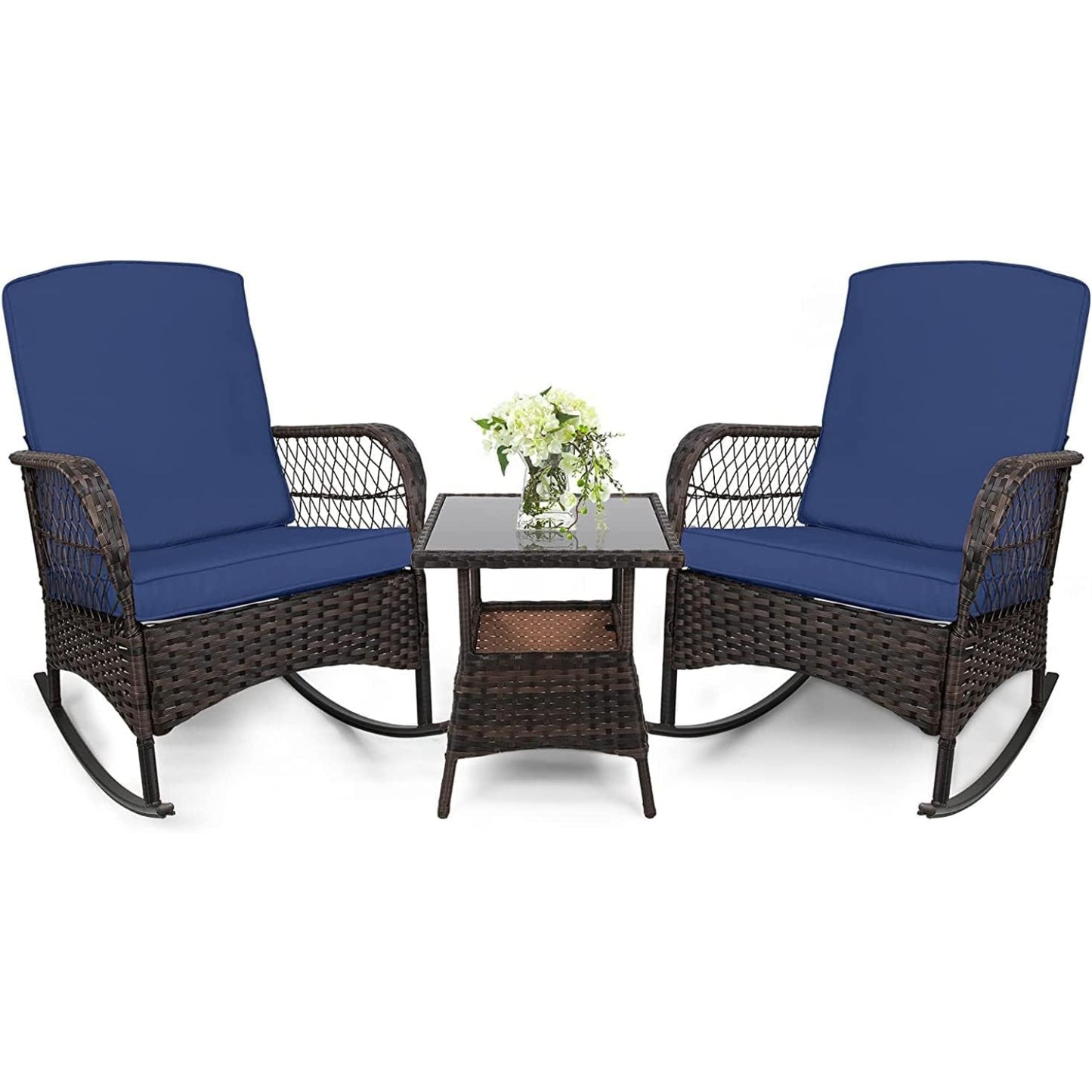 LAFWELL 3 pcs Rocking Bistro Set Conversation Chairs PE Wicker Outdoor Rocking Chairs(Rocking Set,Sand)