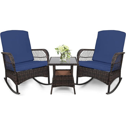 LAFWELL 3 pcs Rocking Bistro Set Conversation Chairs PE Wicker Outdoor Rocking Chairs(Rocking Set,Sand)