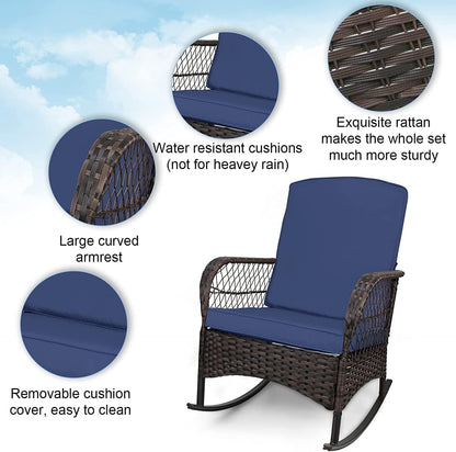 LAFWELL 3 pcs Rocking Bistro Set Conversation Chairs PE Wicker Outdoor Rocking Chairs(Rocking Set,Sand)