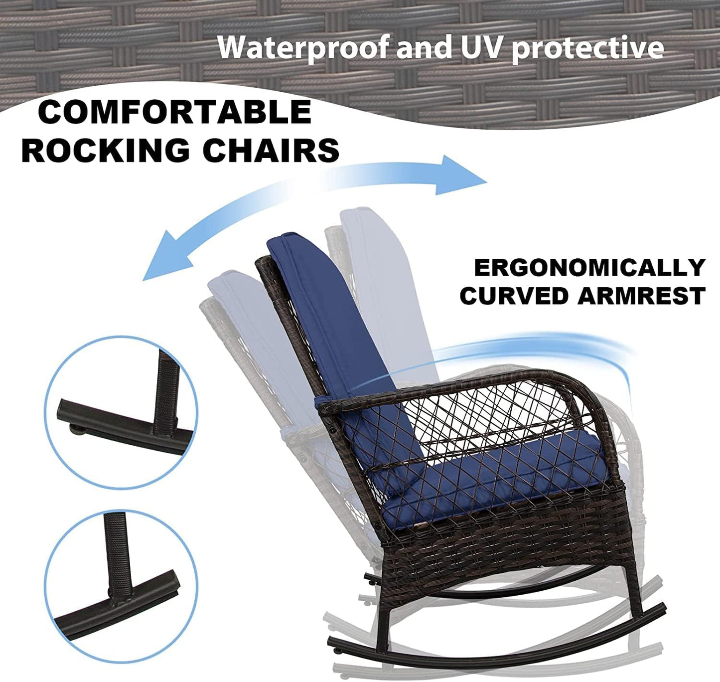 LAFWELL 3 pcs Rocking Bistro Set Conversation Chairs PE Wicker Outdoor Rocking Chairs(Rocking Set,Sand)