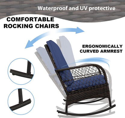 LAFWELL 3 pcs Rocking Bistro Set Conversation Chairs PE Wicker Outdoor Rocking Chairs(Rocking Set,Sand)
