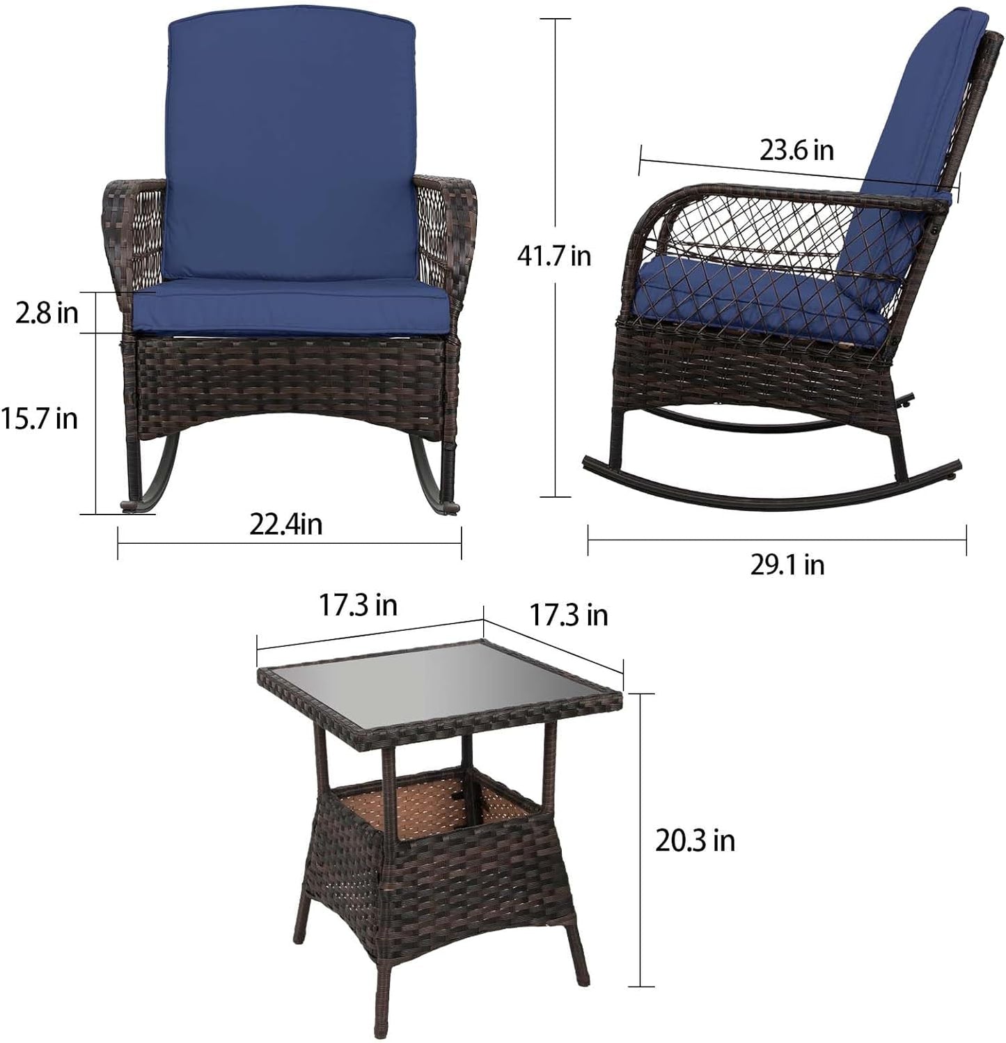 LAFWELL 3 pcs Rocking Bistro Set Conversation Chairs PE Wicker Outdoor Rocking Chairs(Rocking Set,Sand)