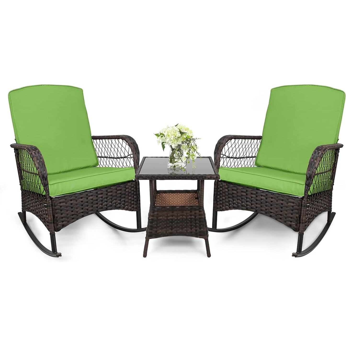 LAFWELL 3 pcs Rocking Bistro Set Conversation Chairs PE Wicker Outdoor Rocking Chairs(Rocking Set,Sand)