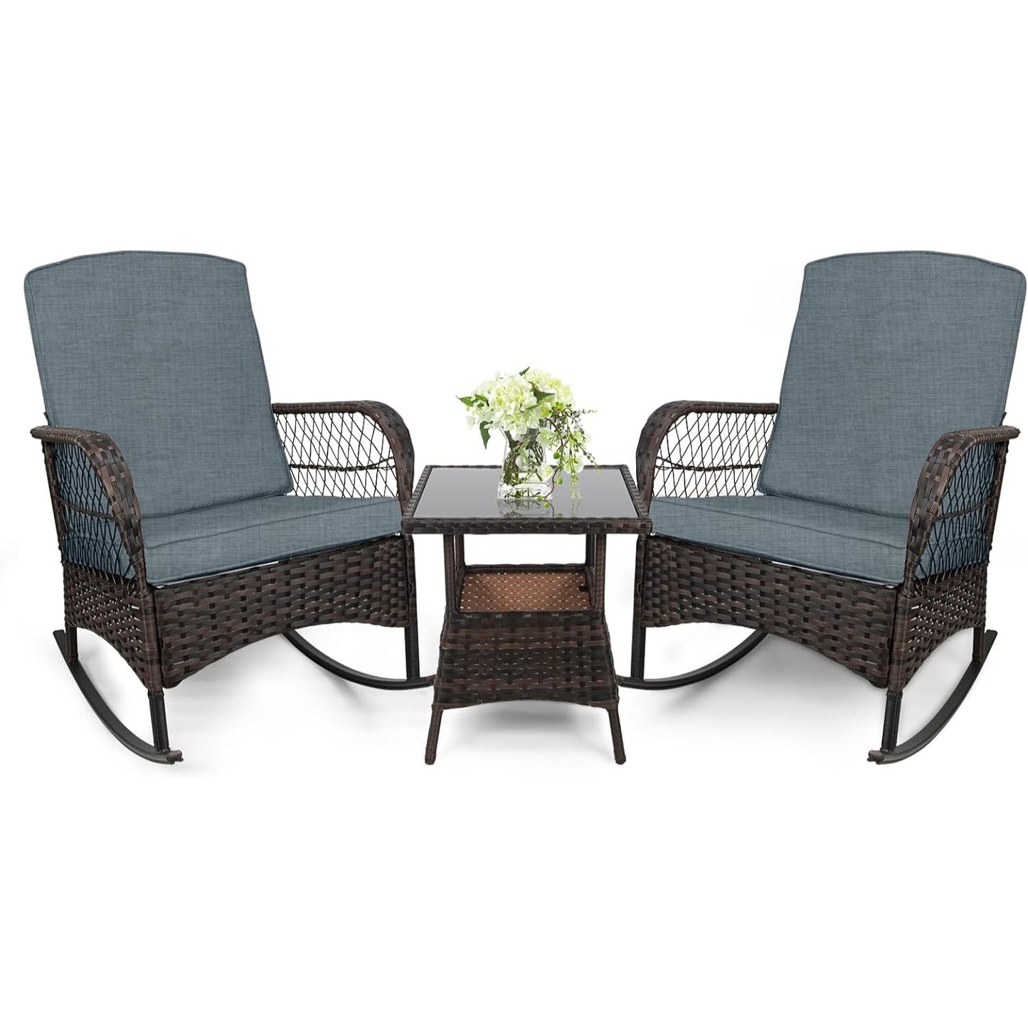 LAFWELL 3 pcs Rocking Bistro Set Conversation Chairs PE Wicker Outdoor Rocking Chairs(Rocking Set,Sand)