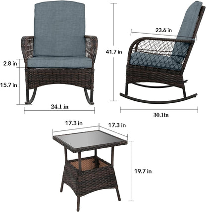 LAFWELL 3 pcs Rocking Bistro Set Conversation Chairs PE Wicker Outdoor Rocking Chairs(Rocking Set,Sand)
