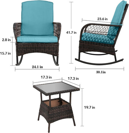 LAFWELL 3 pcs Rocking Bistro Set Conversation Chairs PE Wicker Outdoor Rocking Chairs(Rocking Set,Sand)