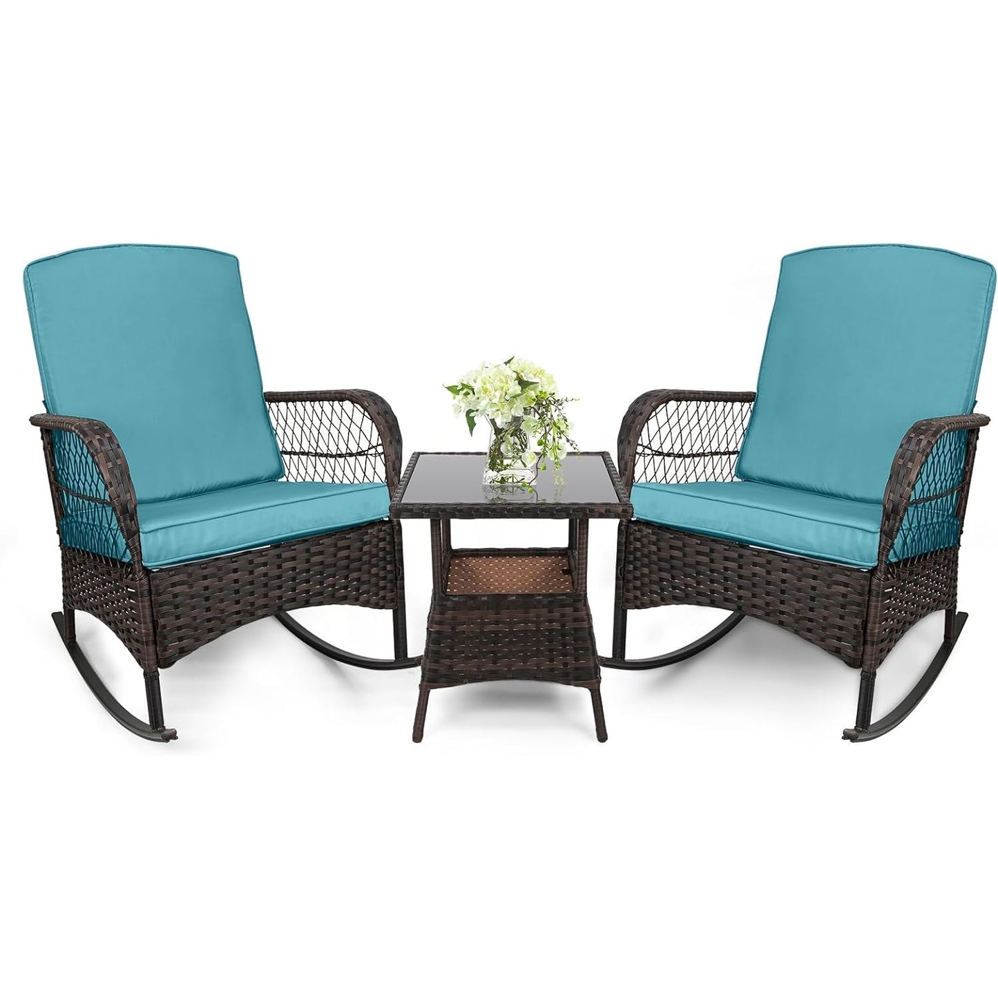 LAFWELL 3 pcs Rocking Bistro Set Conversation Chairs PE Wicker Outdoor Rocking Chairs(Rocking Set,Sand)