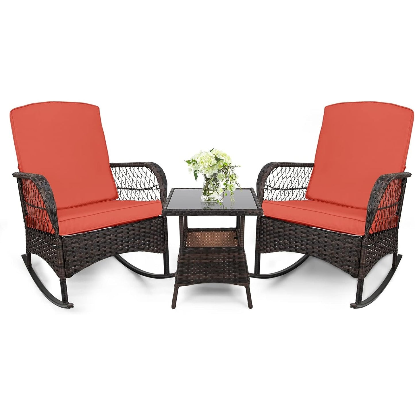 LAFWELL 3 pcs Rocking Bistro Set Conversation Chairs PE Wicker Outdoor Rocking Chairs(Rocking Set,Sand)