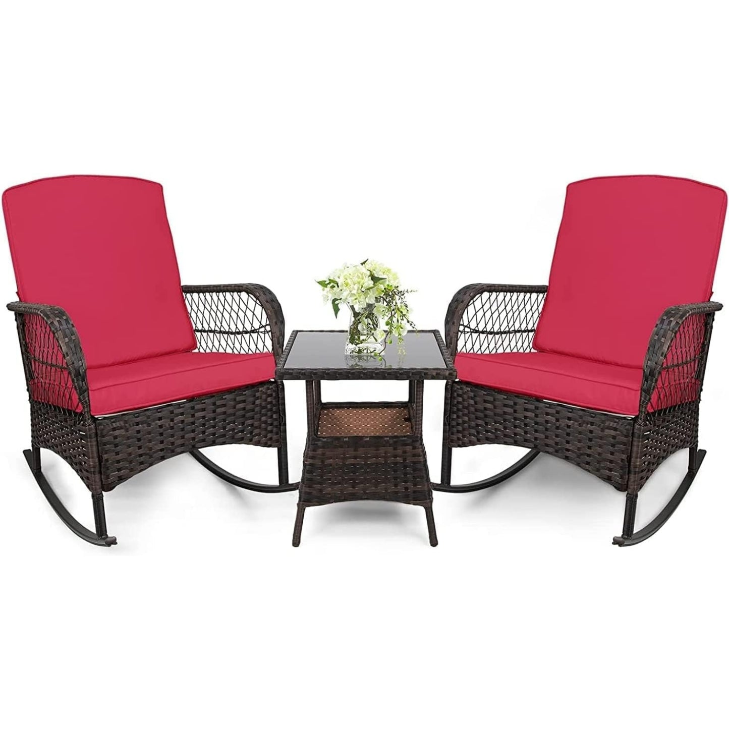 LAFWELL 3 pcs Rocking Bistro Set Conversation Chairs PE Wicker Outdoor Rocking Chairs(Rocking Set,Sand)