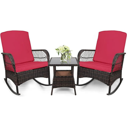 LAFWELL 3 pcs Rocking Bistro Set Conversation Chairs PE Wicker Outdoor Rocking Chairs(Rocking Set,Sand)