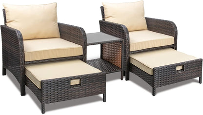 LAFWELL 5 Piece Patio Conversation Set with Wicker Rattan Outdoor Lounge Chairs, Soft Cushions, Ottoman, Glass Table