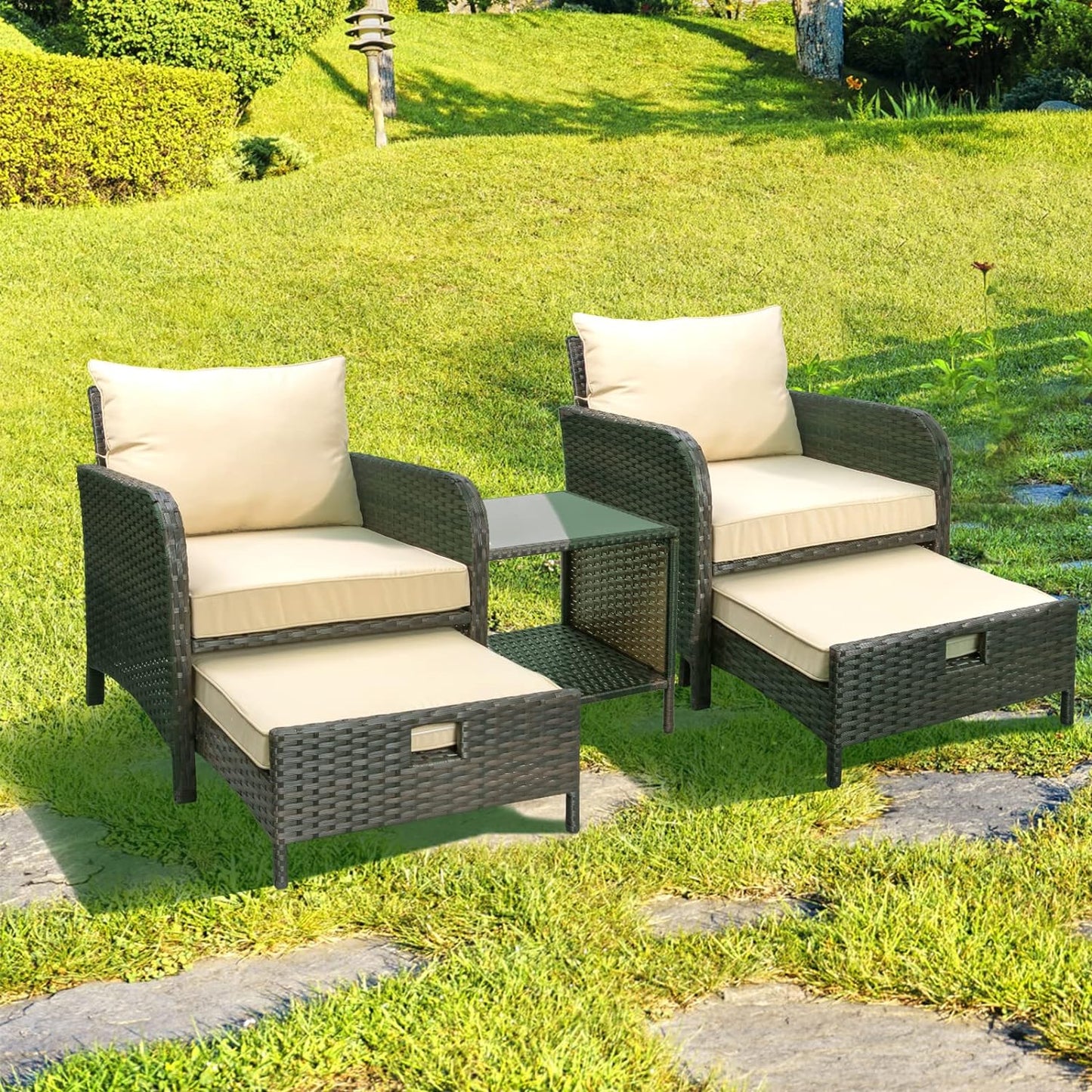 LAFWELL 5 Piece Patio Conversation Set with Wicker Rattan Outdoor Lounge Chairs, Soft Cushions, Ottoman, Glass Table