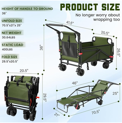 LAFWELL Heavy Duty Folding Wagon - 2-in-1 Collapsible Cart, 400lb/650lb Capacity, All-Terrain Wheels with Brakes &amp; Side Pockets