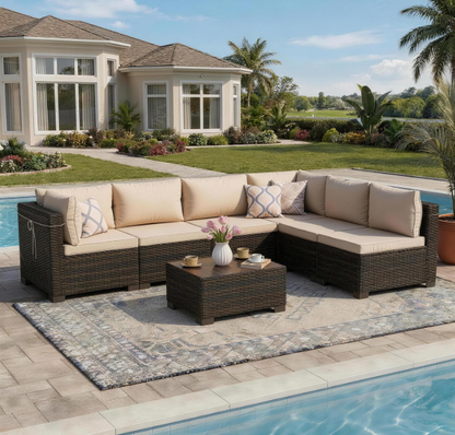 LAFWELL Outdoor Patio Furniture Sets: 7-Piece  Rattan Conversation Sectional Set with Wicker Sofa &amp; Tea Table