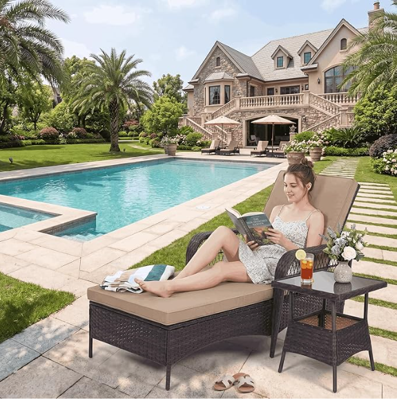LAFWELL Rattan Outdoor Patio Lounge Chair  with 6 Adjustable Positions, Armrests, and Padded Cushions
