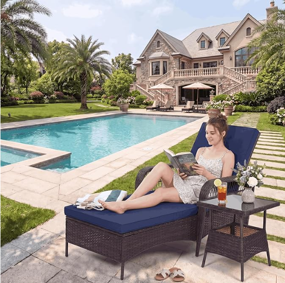 LAFWELL Rattan Outdoor Patio Lounge Chair  with 6 Adjustable Positions, Armrests, and Padded Cushions