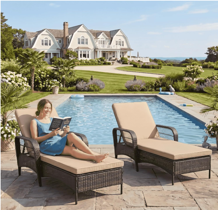 LAFWELL Rattan Outdoor Patio Lounge Chair  with 6 Adjustable Positions, Armrests, and Padded Cushions