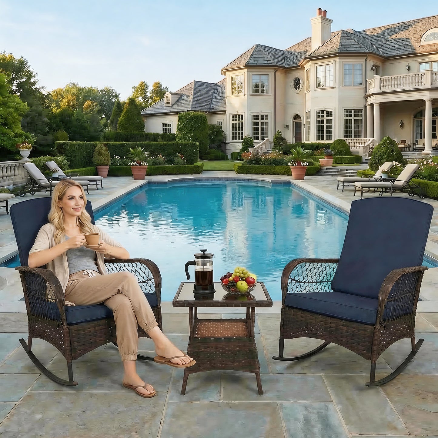 LAFWELL 3-Piece Outdoor Rocking Bistro Set, PE Rattan Wicker Patio Conversation Chairs with Thick Sand Cushions & Side Table for Front Porch, Balcony, & Morning Coffee