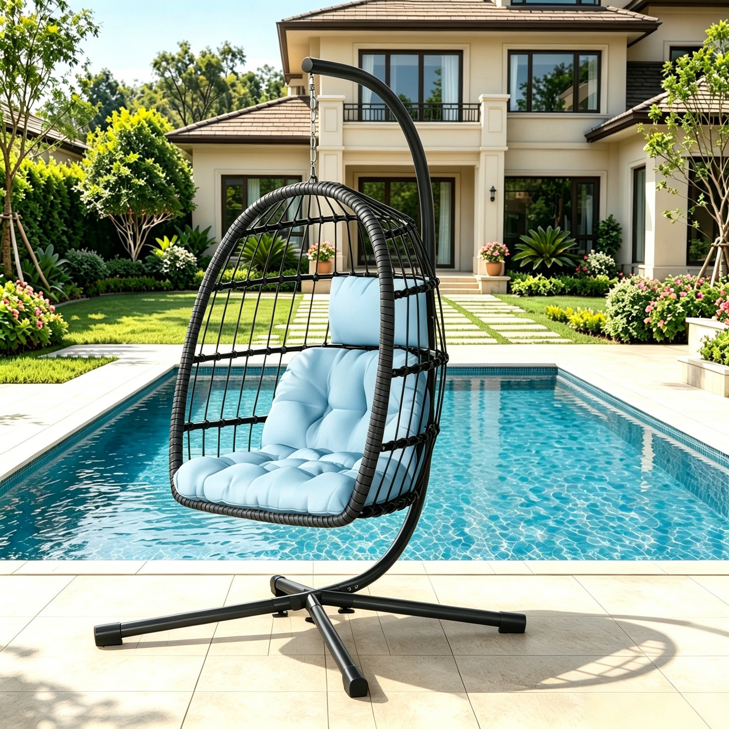 LAFWELL  Egg Chair with Stand,Patio Rattan Wicker Hanging Swing Egg Chair Hammock Chair for Bedroom Porch Garden,Thickened Aluminum Alloy Steel Frame and UV Resistant Cushion,350LBS Capacity