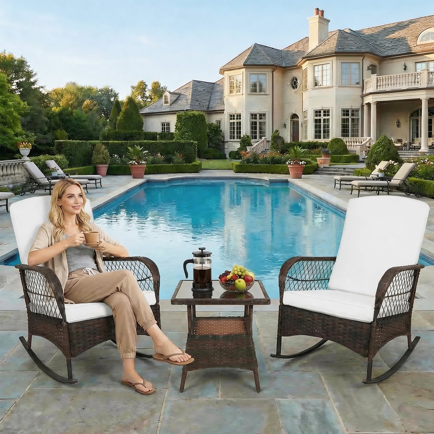 LAFWELL 3-Piece Outdoor Rocking Bistro Set, PE Rattan Wicker Patio Conversation Chairs with Thick Sand Cushions & Side Table for Front Porch, Balcony, & Morning Coffee