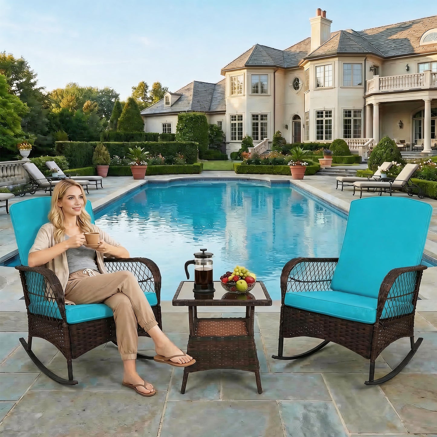 LAFWELL 3-Piece Outdoor Rocking Bistro Set, PE Rattan Wicker Patio Conversation Chairs with Thick Sand Cushions & Side Table for Front Porch, Balcony, & Morning Coffee