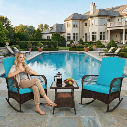 LAFWELL 3-Piece Outdoor Rocking Bistro Set, PE Rattan Wicker Patio Conversation Chairs with Thick Sand Cushions & Side Table for Front Porch, Balcony, & Morning Coffee