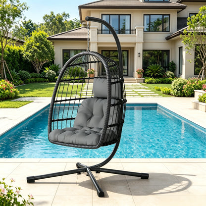 LAFWELL  Egg Chair with Stand,Patio Rattan Wicker Hanging Swing Egg Chair Hammock Chair for Bedroom Porch Garden,Thickened Aluminum Alloy Steel Frame and UV Resistant Cushion,350LBS Capacity