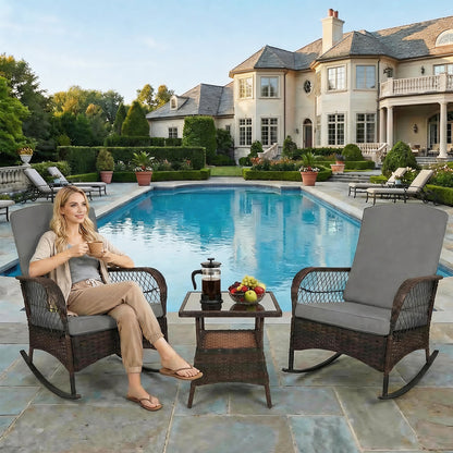 LAFWELL 3-Piece Outdoor Rocking Bistro Set, PE Rattan Wicker Patio Conversation Chairs with Thick Sand Cushions & Side Table for Front Porch, Balcony, & Morning Coffee