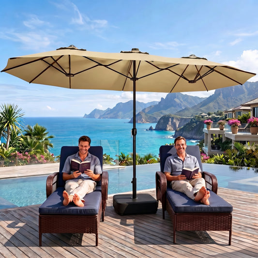 LAFWELL 15FT Double-Sided Patio Umbrella with Base Included, Large Outdoor Rectangular Market Umbrella for Backyard, Poolside, Lawn & Garden
