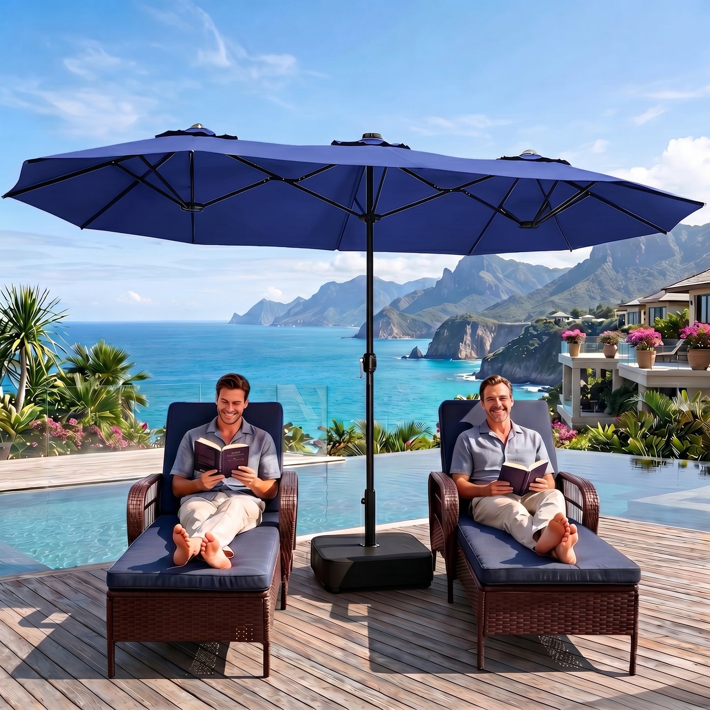 LAFWELL 15FT Double-Sided Patio Umbrella with Base Included, Large Outdoor Rectangular Market Umbrella for Backyard, Poolside, Lawn & Garden