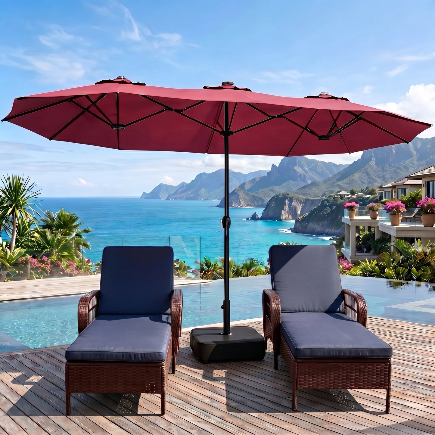 LAFWELL 15FT Double-Sided Patio Umbrella with Base Included, Large Outdoor Rectangular Market Umbrella for Backyard, Poolside, Lawn & Garden