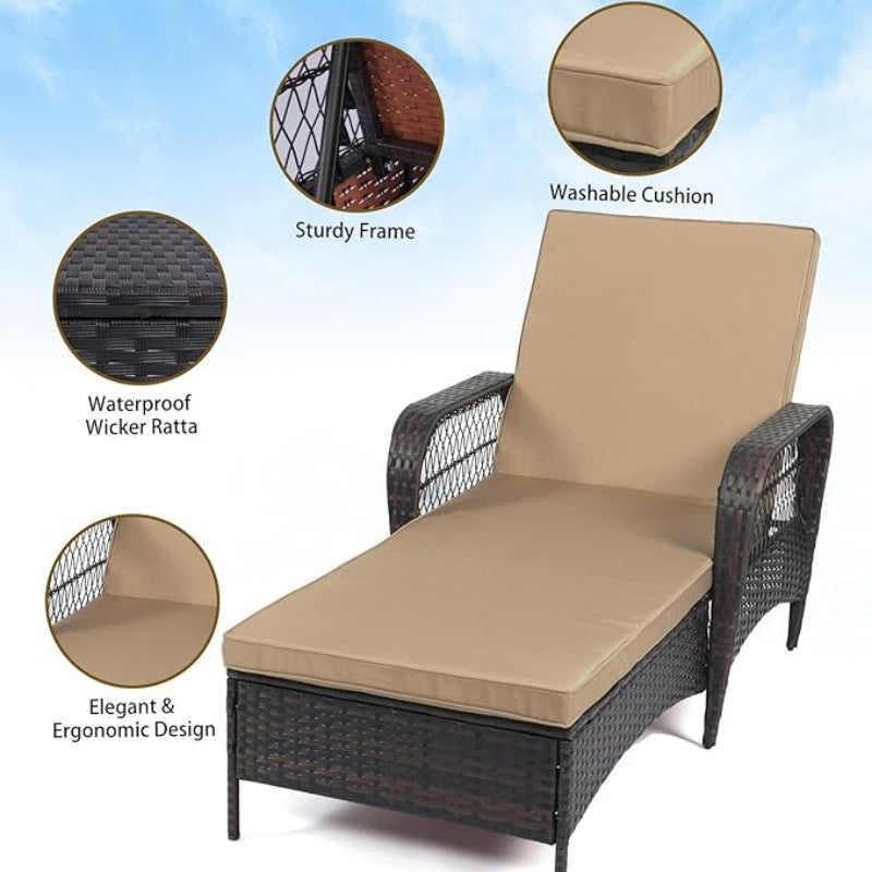 LAFWELL Rattan Outdoor Patio Lounge Chair  with 6 Adjustable Positions, Armrests, and Padded Cushions