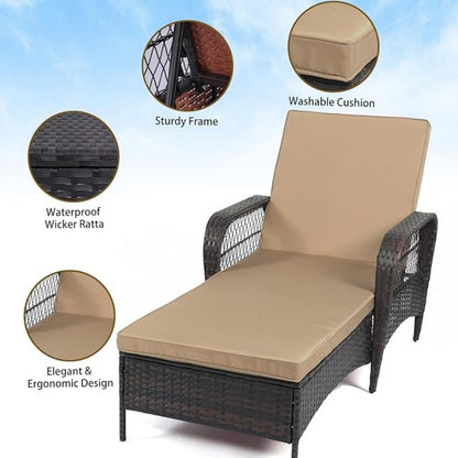 LAFWELL Rattan Outdoor Patio Lounge Chair  with 6 Adjustable Positions, Armrests, and Padded Cushions