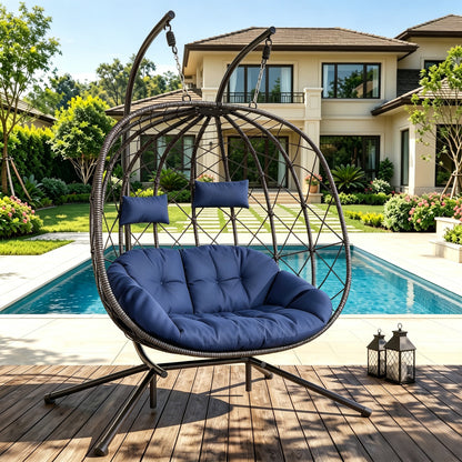 LAFWELL Double Egg Swing Chair with Stand - 2 Person Outdoor Patio Hanging Wicker Hammock Chair with Cushion, Dark Grey, for Garden, Lawn, Bedroom, Indoor/Outdoor Use